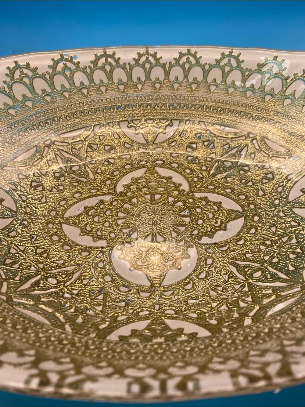 Artistic Accents Turkish Glass Oval Serving Bowl Gold Lace White Handmade 13